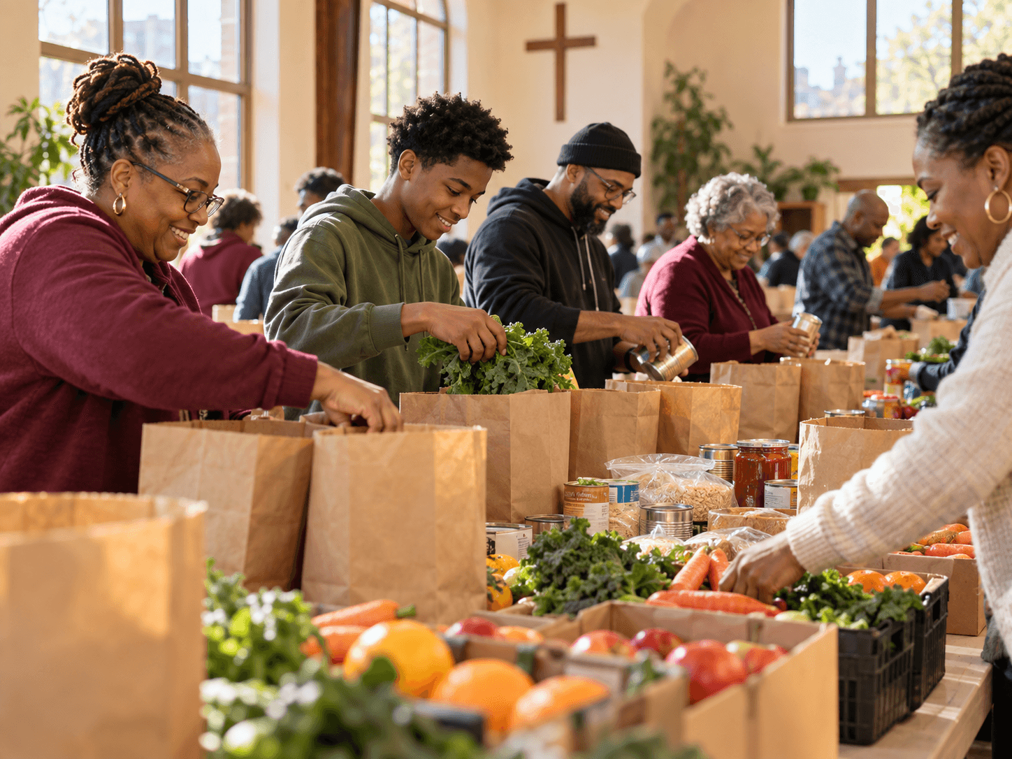 Church volunteers preparing food for neighbors